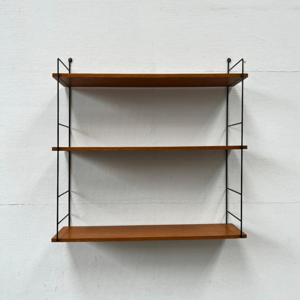 Vintage Wandrek 3 Planken Teak, Zwart Draadstaal 'ladders' image 2