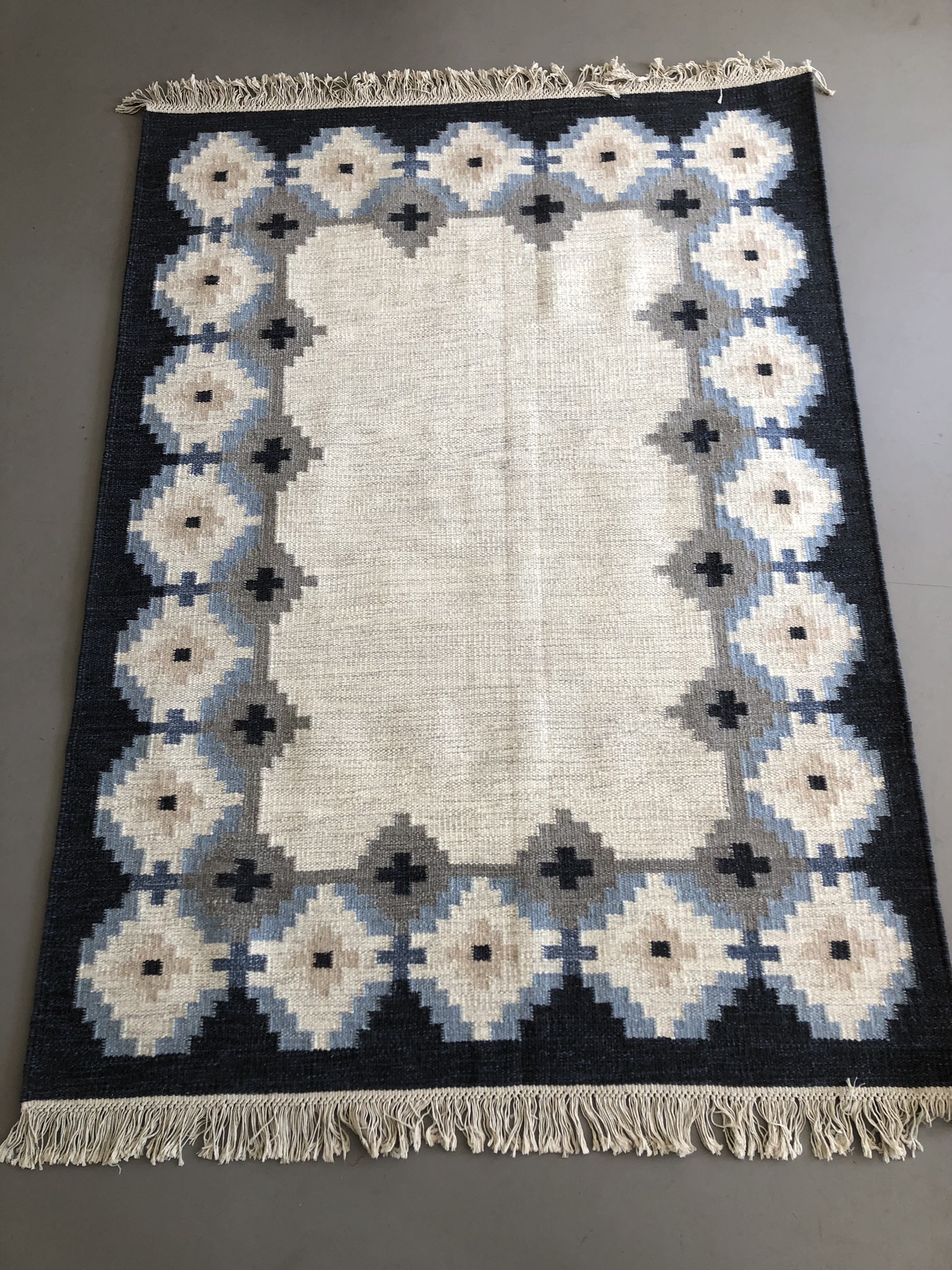 Handgeweven Scandinavisch Wollen Röllakan Vloerkleed Blauw Grijs Crème image 2