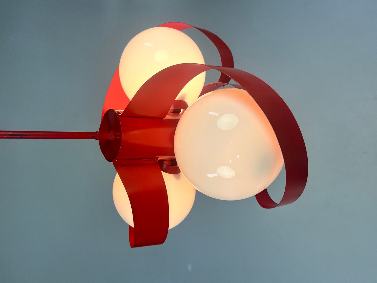 Vintage Rode Metalen Hanglamp / Kroonluchter, Space Age, België 1970's image 10