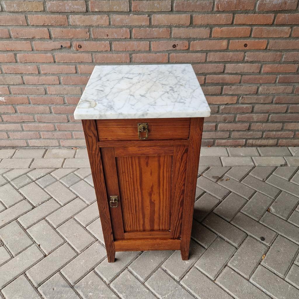 Antieke Wastafel Kast Nachtkastje Met Marmer Plaat Vintage image 3