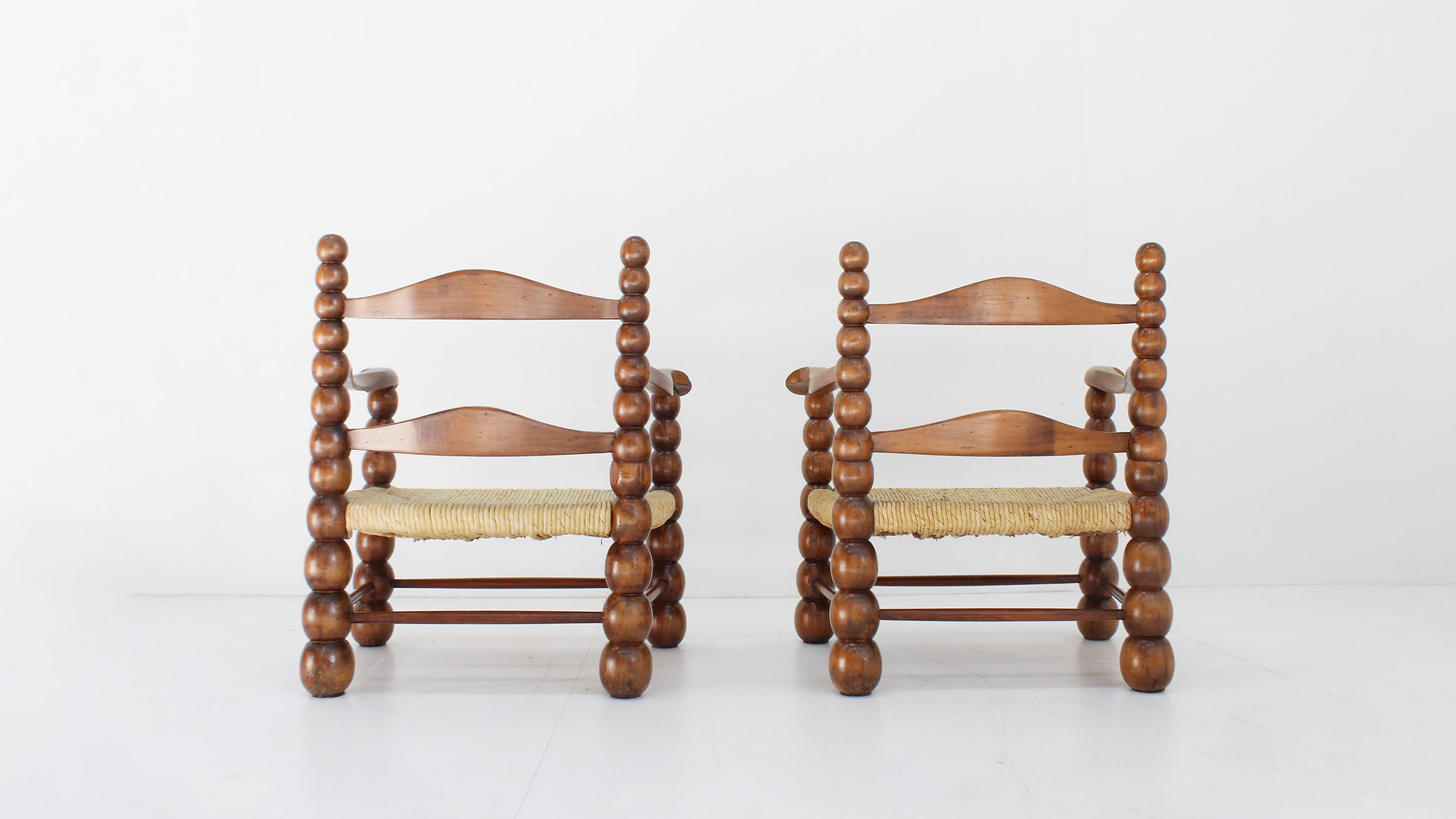 Set Of Oak And Rush Bobbin Armchairs Attributed To Charles Dudouyt, 1940S image 2