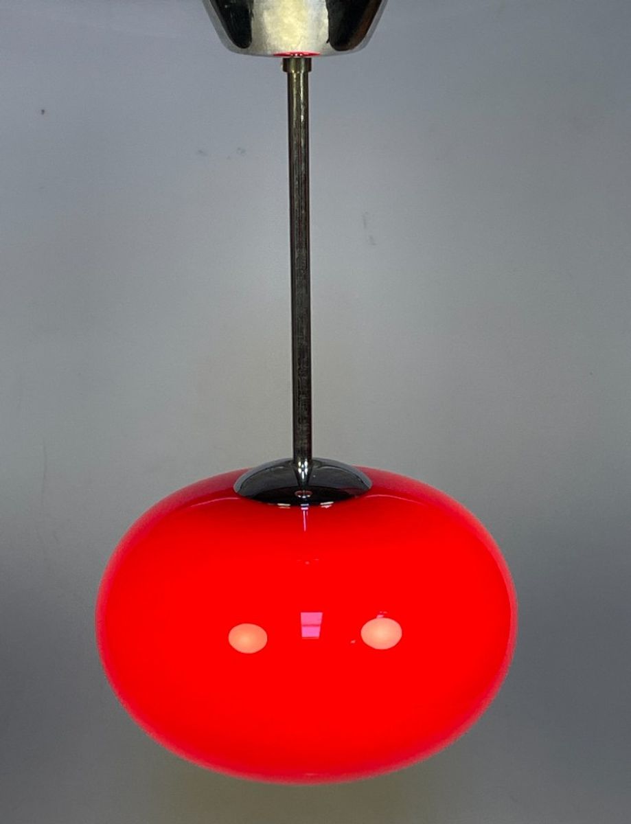 Glazen Rode Hanglamp Met Chromen Armatuur, 1980's image 5