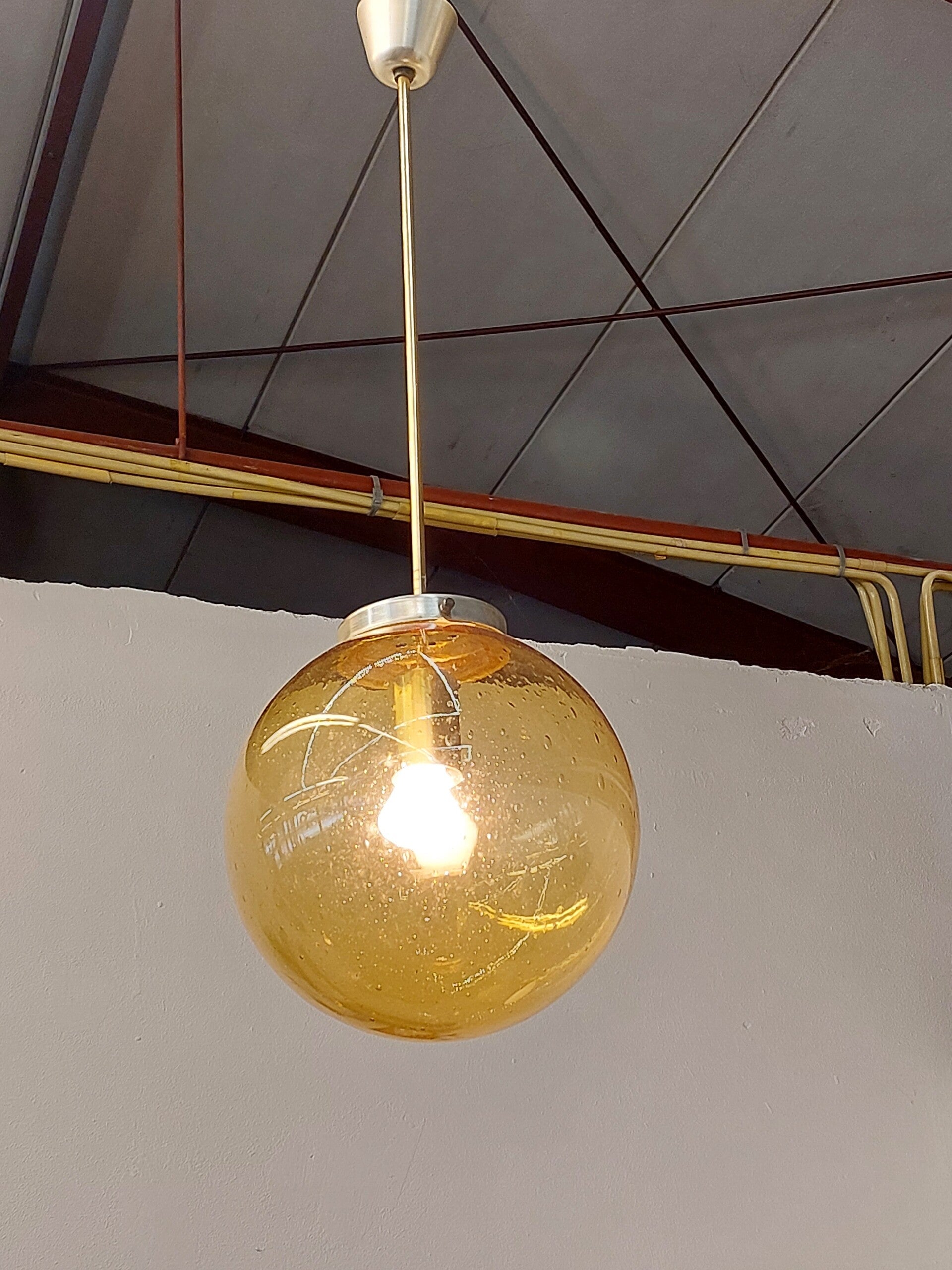 Vintage Hanglamp Messing Goudgeel Bol Glas image 8