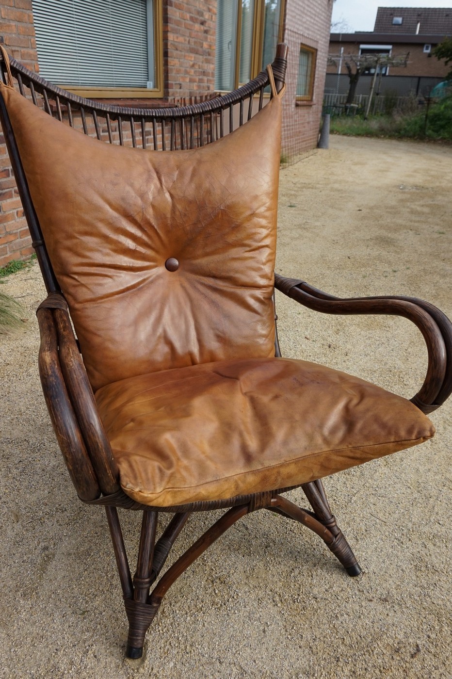 Vintage Rotan/bamboe Fan Back Lounge Chair Met Leren Kussens, Jaren 60, Toegeschreven Aan Rohé No image 7