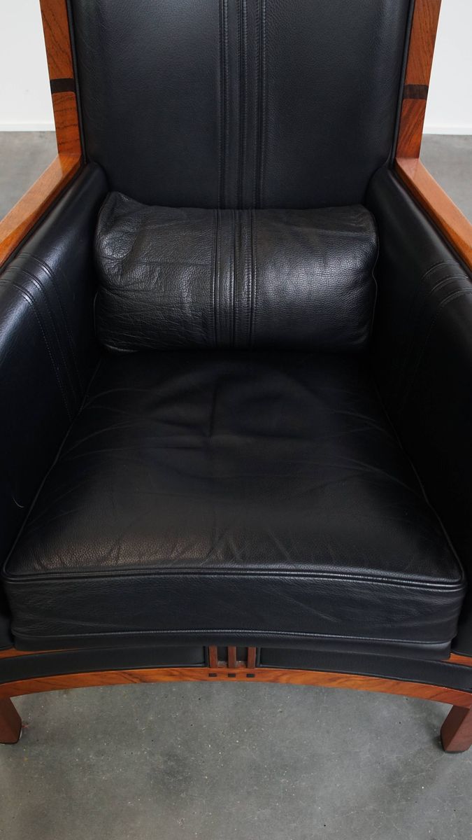 Mooie Zwarte Rundleren En Houten Art Deco Design Fauteuil Van Schuitema Uit De Decoforma Serie image 6