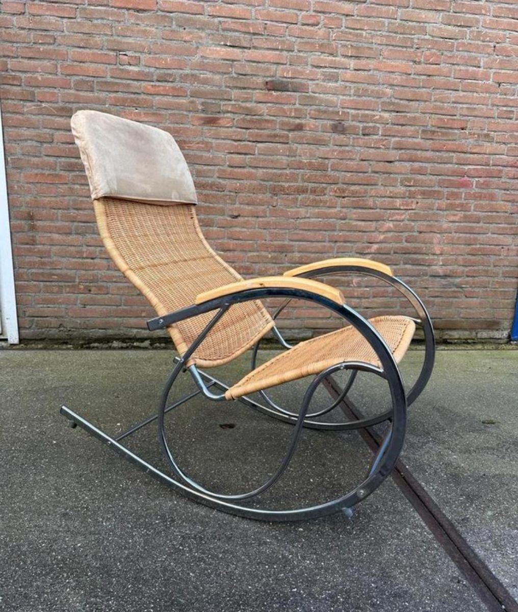 Vintage Chrome And Wicker Rocking Chair, 1970s image 6