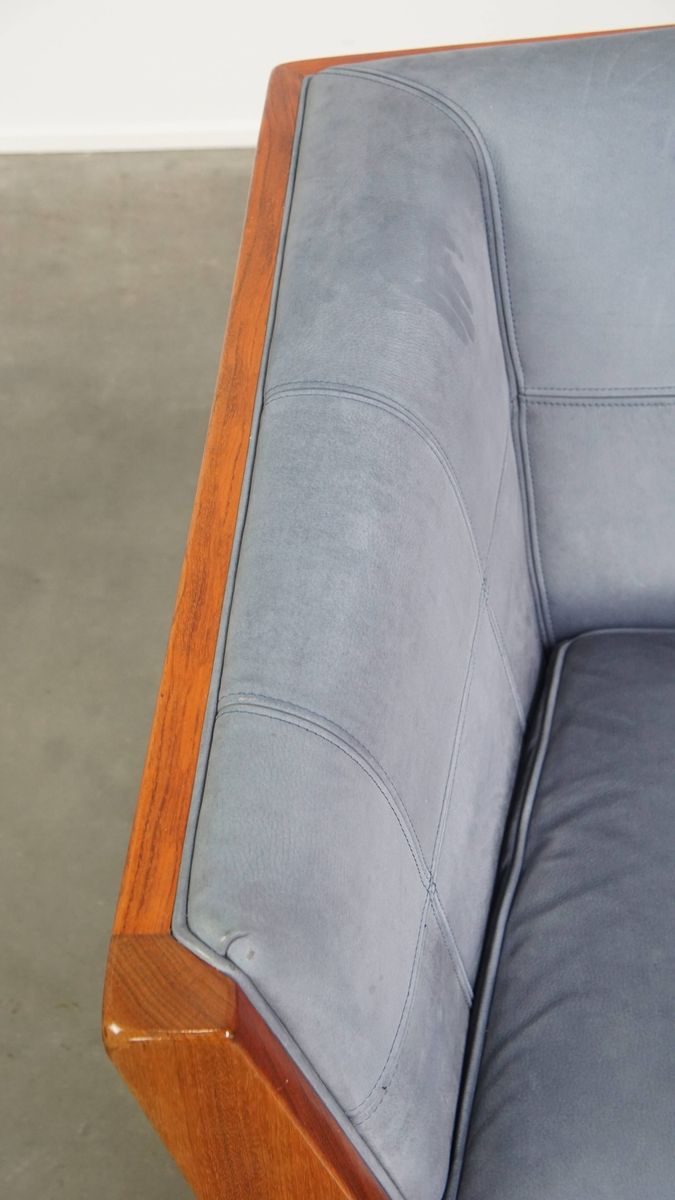 Leuke Schuitema Art Deco Design Bank Met Mooie Blauwe Nubuck Lederen Bekleding image 7