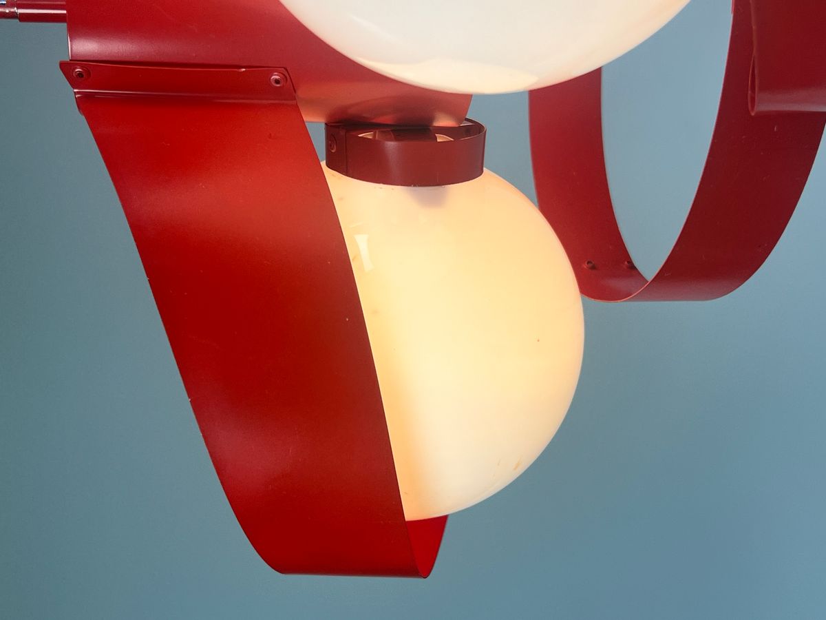 Vintage Rode Metalen Hanglamp / Kroonluchter, Space Age, België 1970's image 7