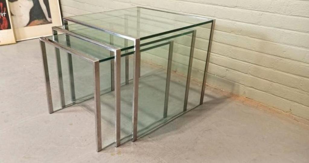 Vintage Glas En Chrome Mimiset Nesting Tables Bijzettafels image 2