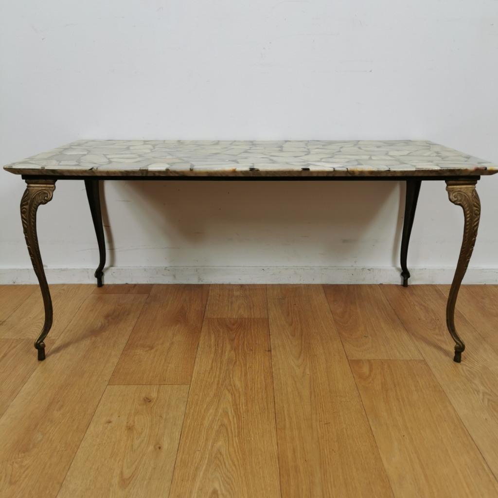 Vintage Messing Koffietafel Salontafel Met Marmer Blad 05 image 3