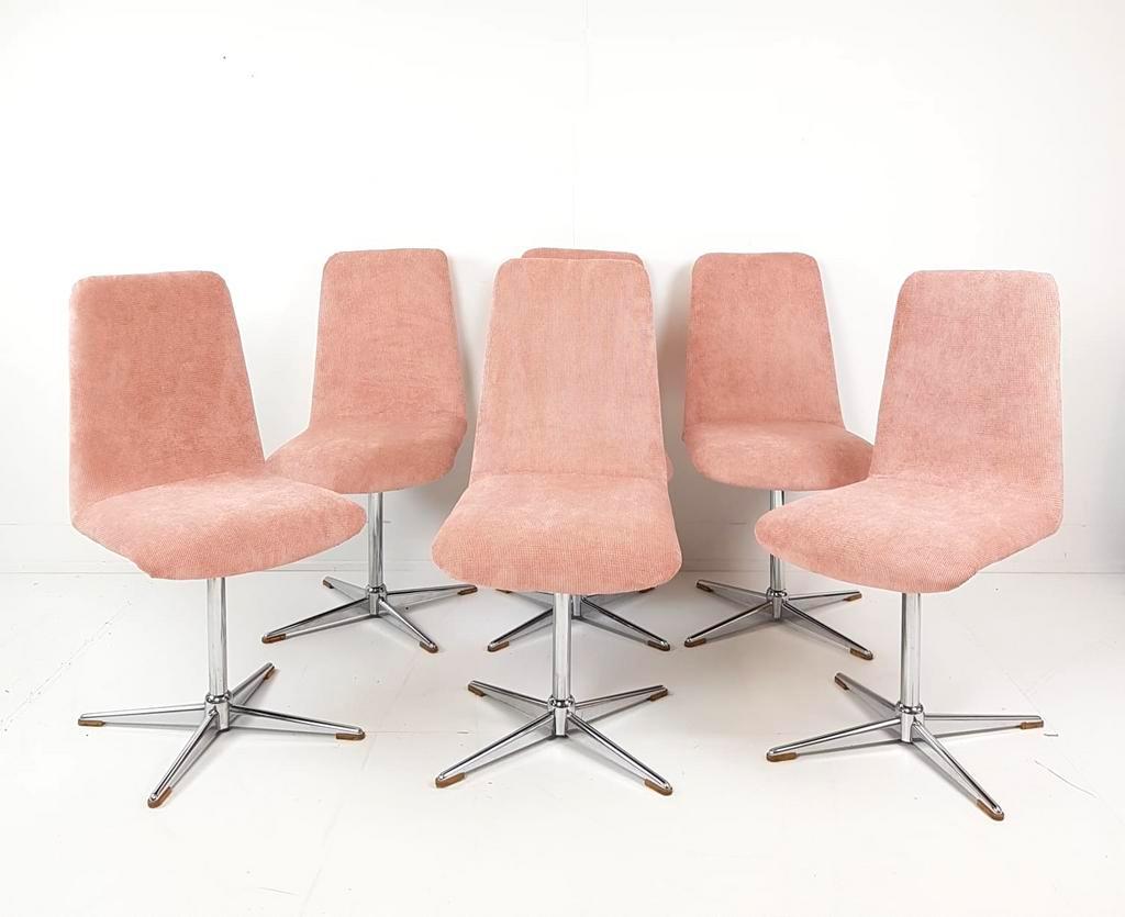 6 Vintage Eka Eetkamer Stoelen Roze Chromen Voet Nieuwe Stof image 3