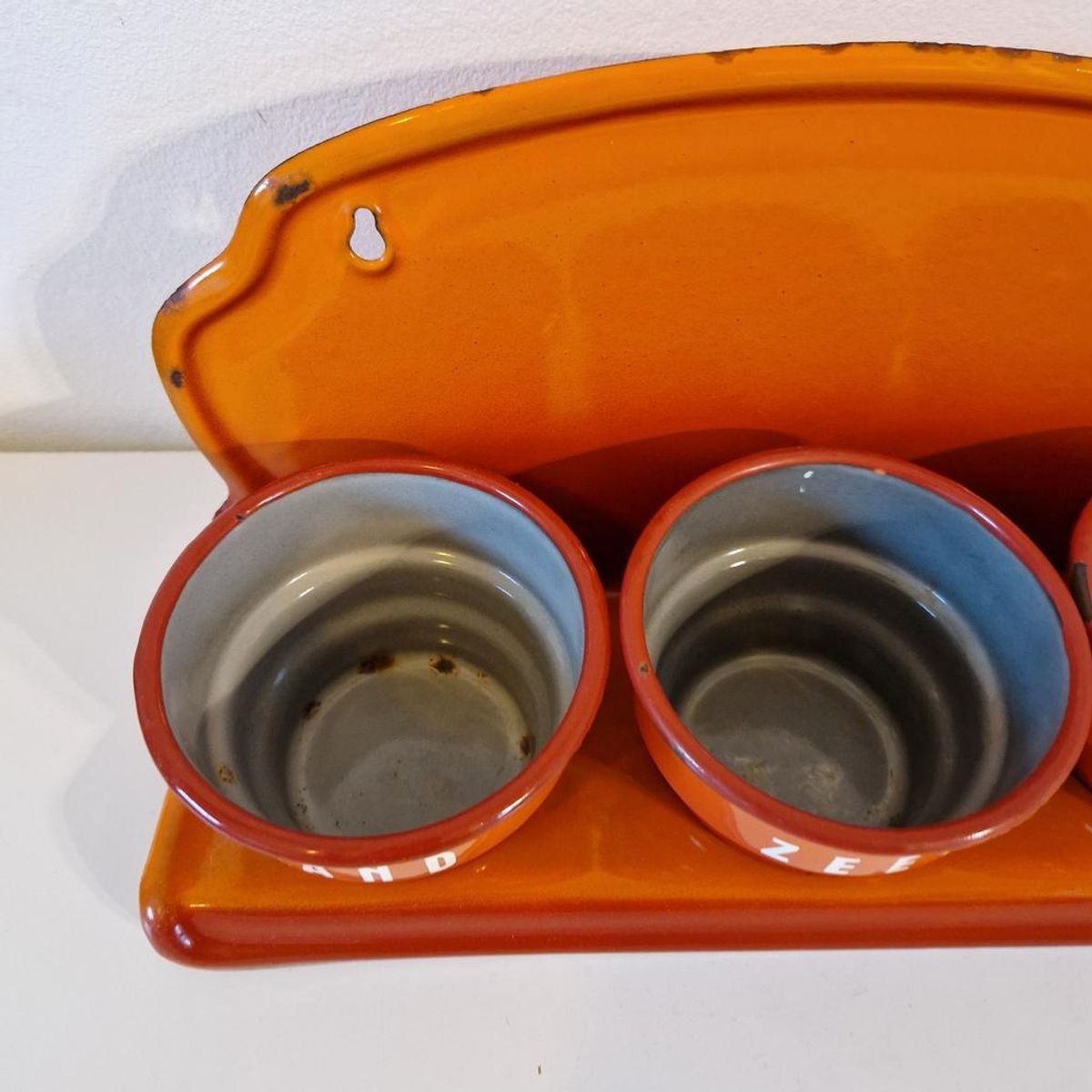 Oranje Zand Zeep Soda Rekje Antiek Emaille Wandrek image 8