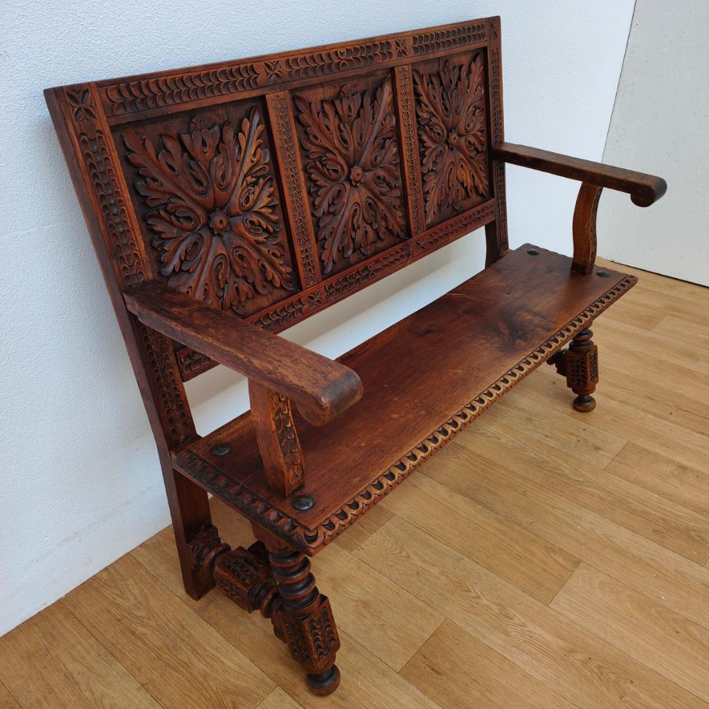 Antieke, Vintage Walnoot Houten Kerkbank, Halbank, Bank image 11