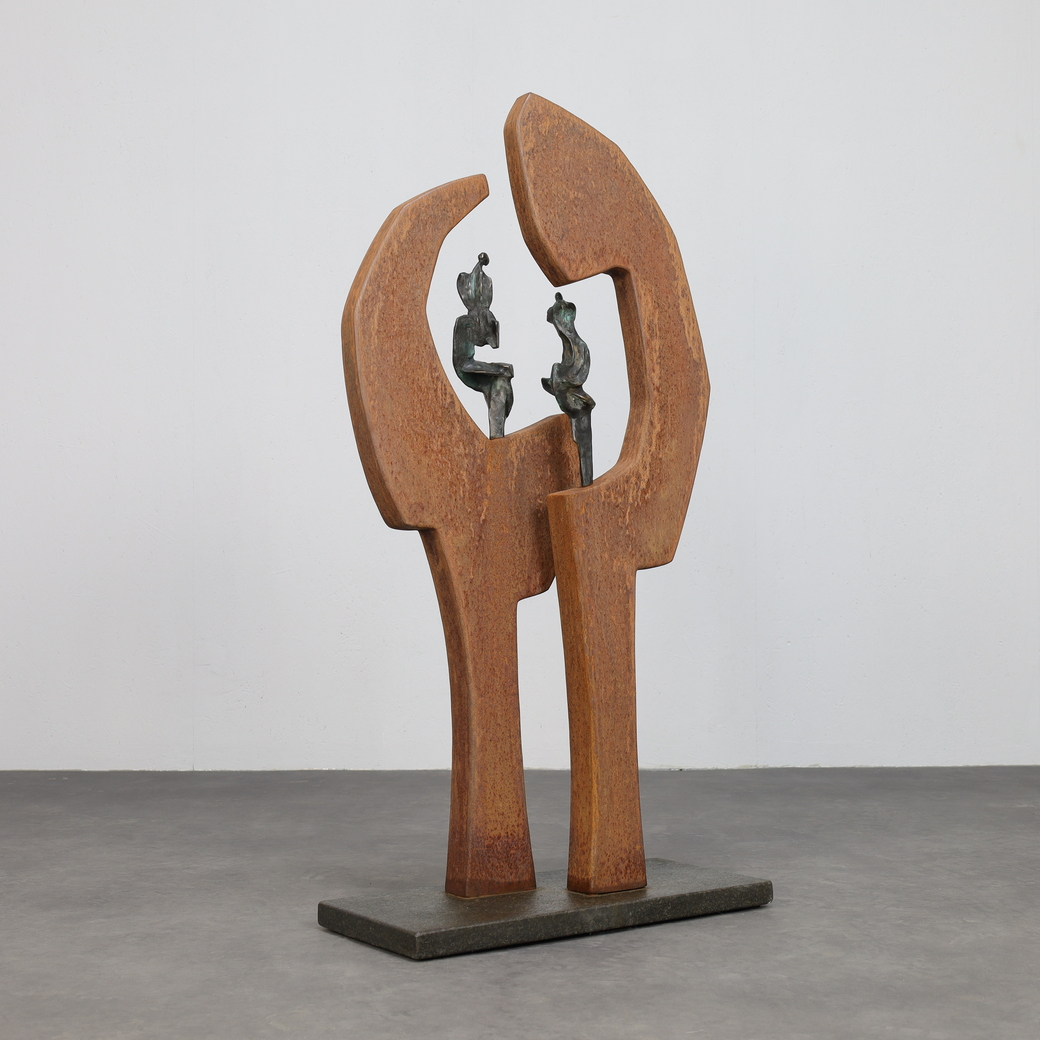 Contemporary Stone & Metal Sculpture With Bronze Figures image 5