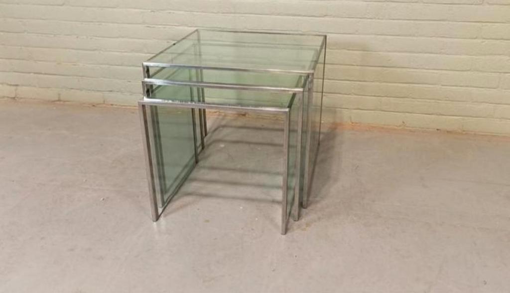 Vintage Glas En Chrome Mimiset Nesting Tables Bijzettafels image 16