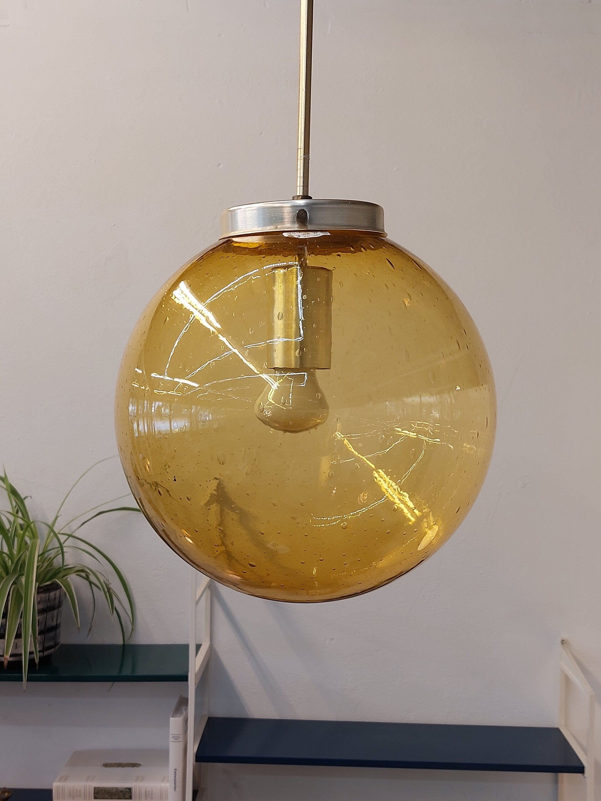 Vintage Hanglamp Messing Goudgeel Bol Glas image 3