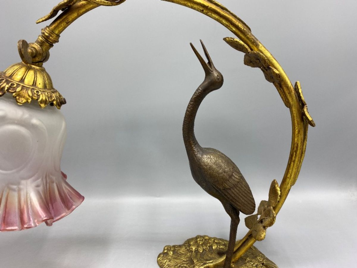 Antieke Art Nouveau Tafellamp – Kraanvogel & Bladerenboog image 3