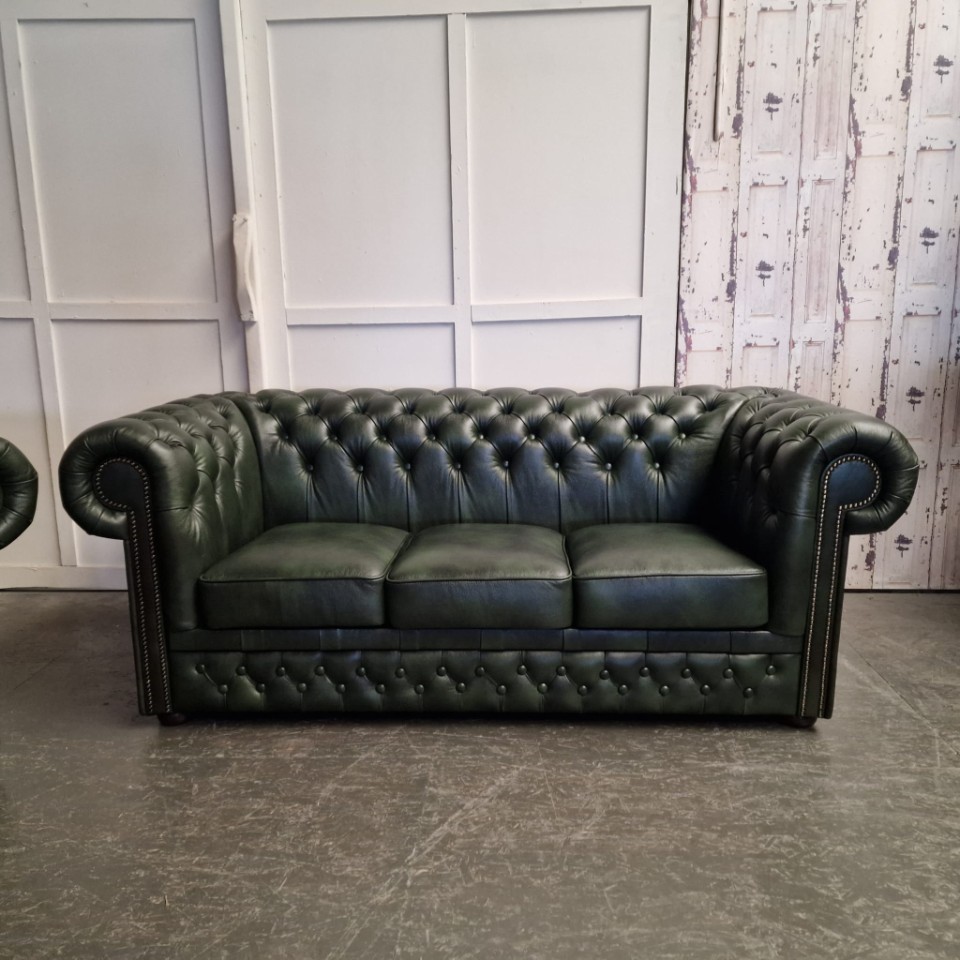Chesterfield Brighton Antiek Groen – 1+2+3-Zits Bankset Met Salontafel image 7