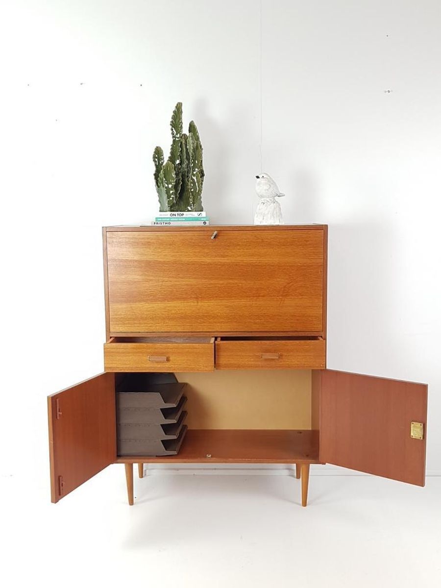 Vintage Fins Kastje Teak Fineer Secretaire image 5