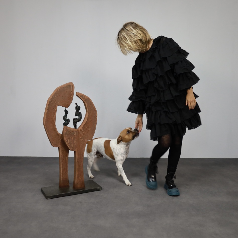 Contemporary Stone & Metal Sculpture With Bronze Figures image 4