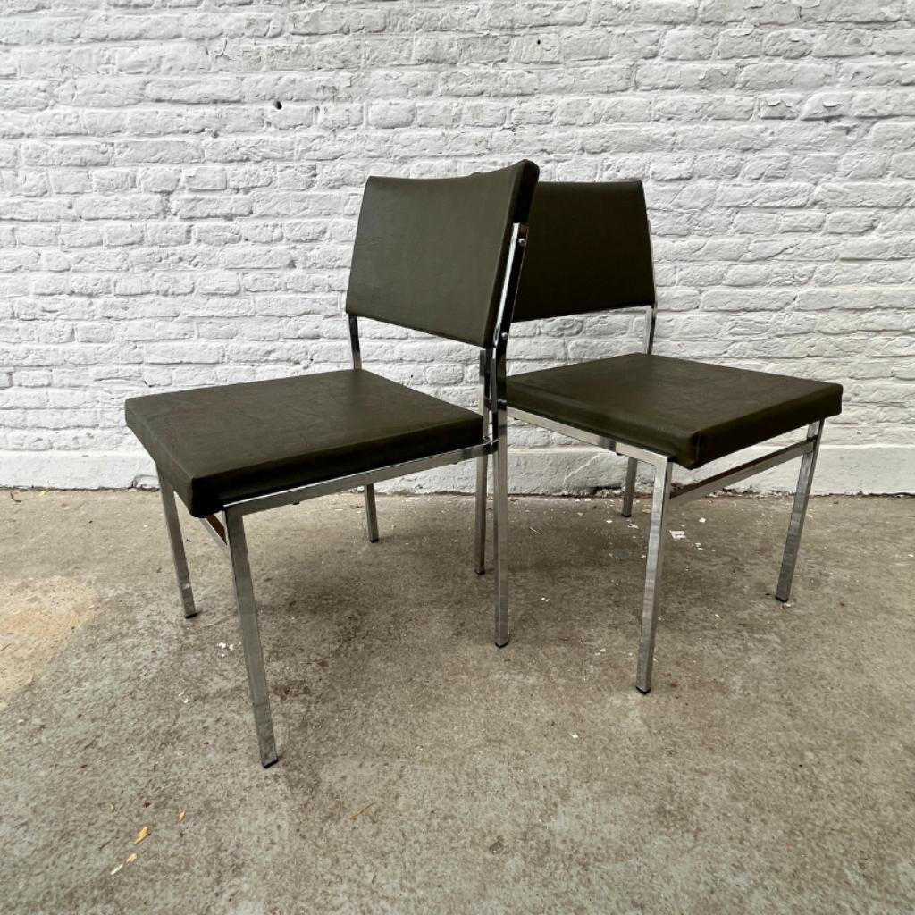 6x Midcentury Stoel Met Chromen Frame En (leger)groene Skai image 2