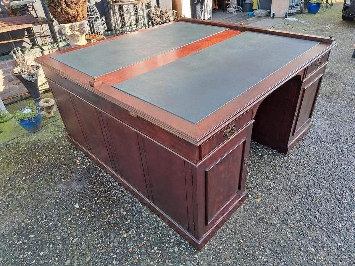 Groot Antiek Partnerdesk, Bureau, Schrijftafel Met Ingelegd image 4
