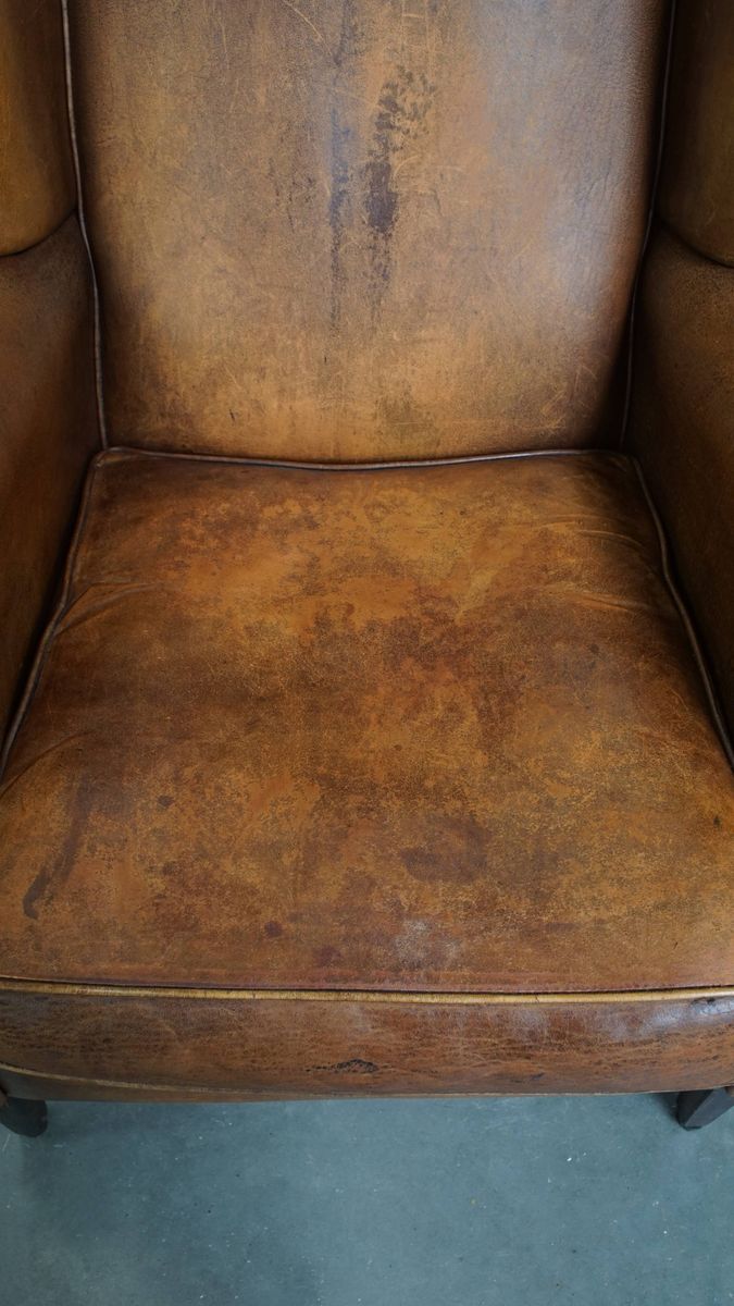 Geweldige, Karaktervolle Vintage Schapenleren Oorfauteuil Met Een Mooi Patina image 6