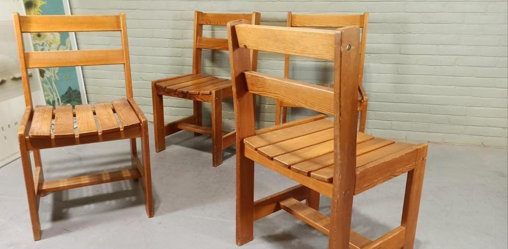 Set Van 4 Vintage Massief Grenen Eetkamerstoelen image 6