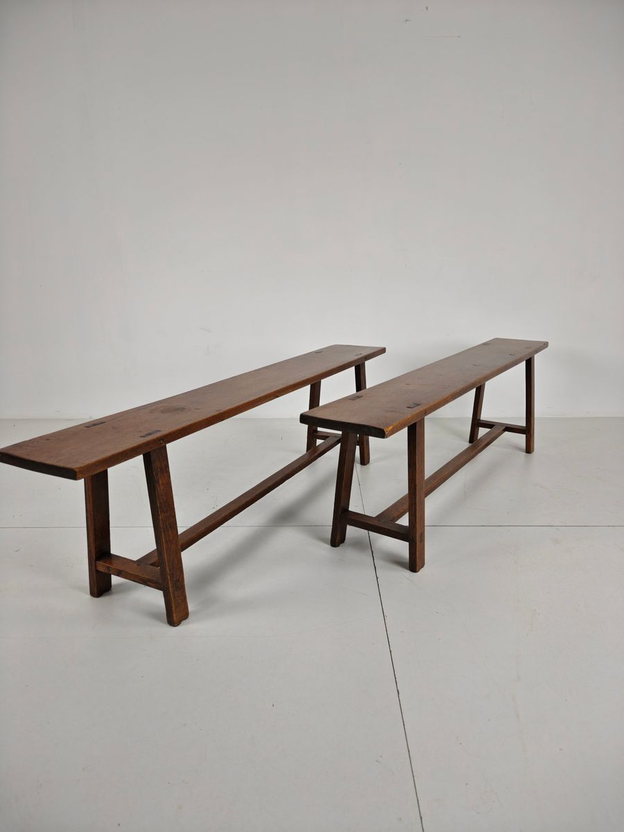 Paar Franse Rustieke Banken Uit De 19e Eeuw - Massief Eiken image 14