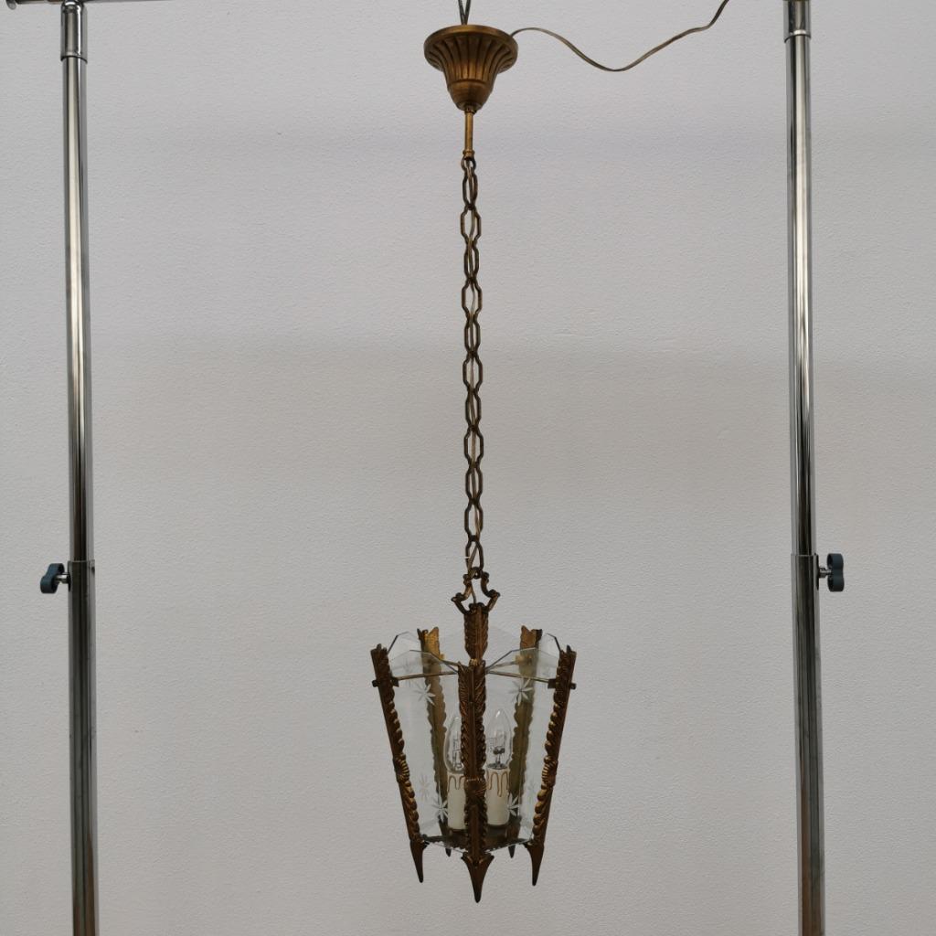 Vintage Franse Messing Lantaarnlamp, Hanglamp, Lamp Met Ketting image 3