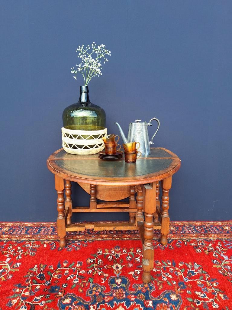 Antieke Engelse Hangoor Tafel Met Groen Leer Ingelegd Blad image 4