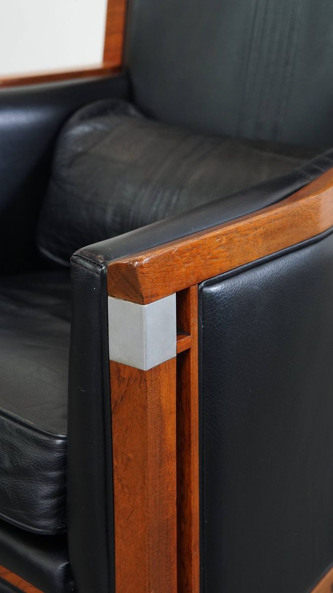 Mooie Zwarte Rundleren En Houten Art Deco Design Fauteuil Van Schuitema Uit De Decoforma Serie image 10