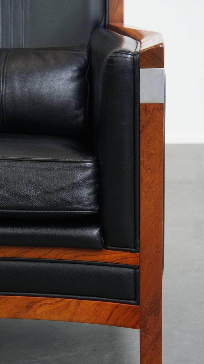 Mooie Zwarte Rundleren En Houten Art Deco Design Fauteuil Van Schuitema Uit De Decoforma Serie image 9