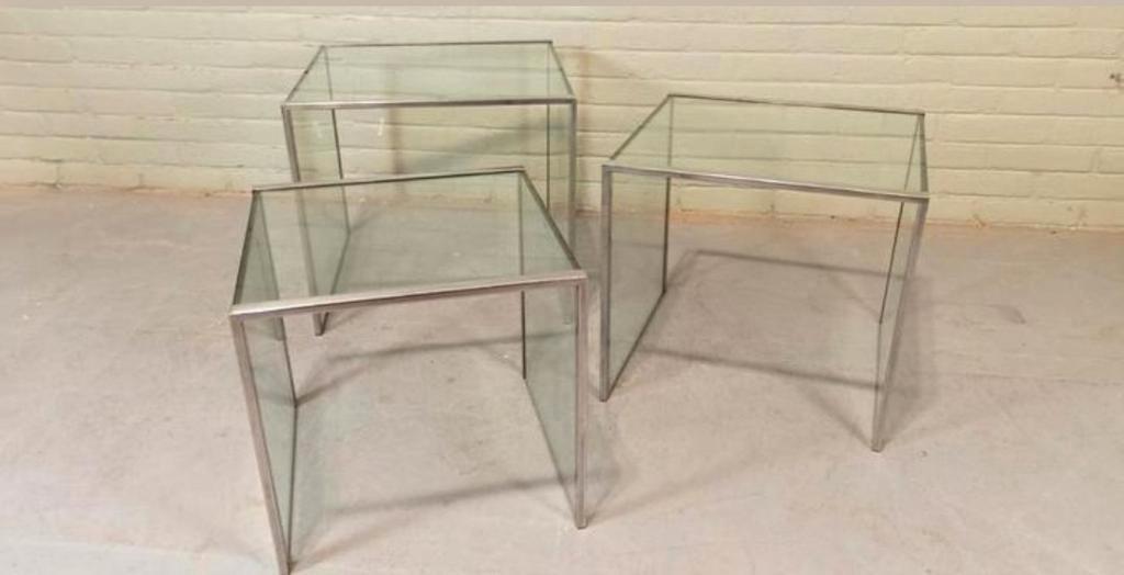 Vintage Glas En Chrome Mimiset Nesting Tables Bijzettafels image 9