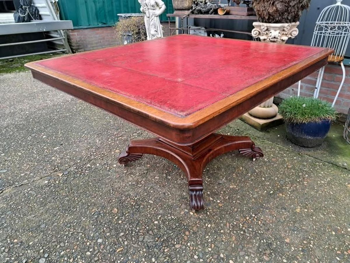 Antieke Vergadertaf Eettafel, Kaarttafel Met Ingelegde Leer, image 5