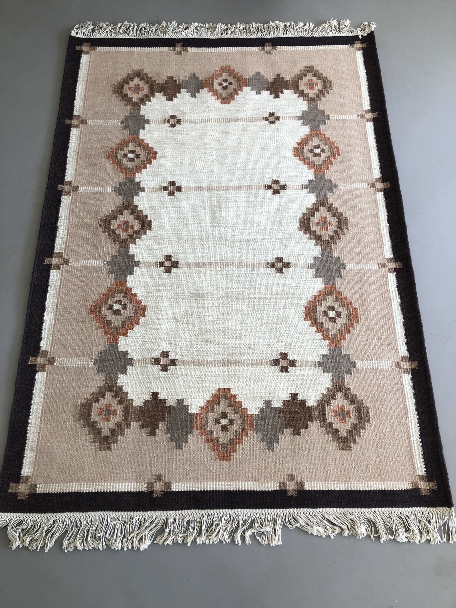Handgeweven Wollen Scandinavisch Rollakan Vloerkleed Kelim Bruintinten image 2