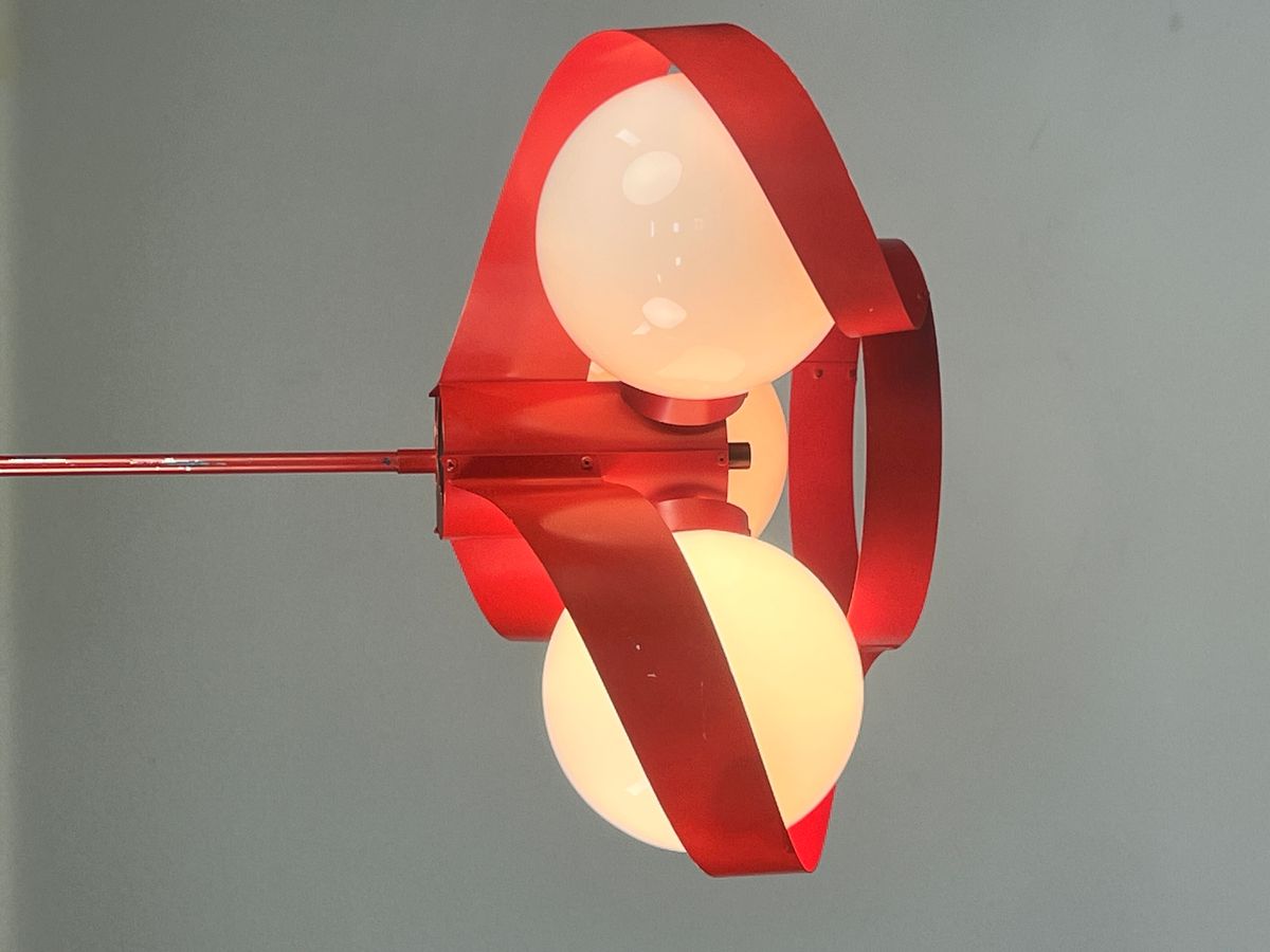 Vintage Rode Metalen Hanglamp / Kroonluchter, Space Age, België 1970's image 2