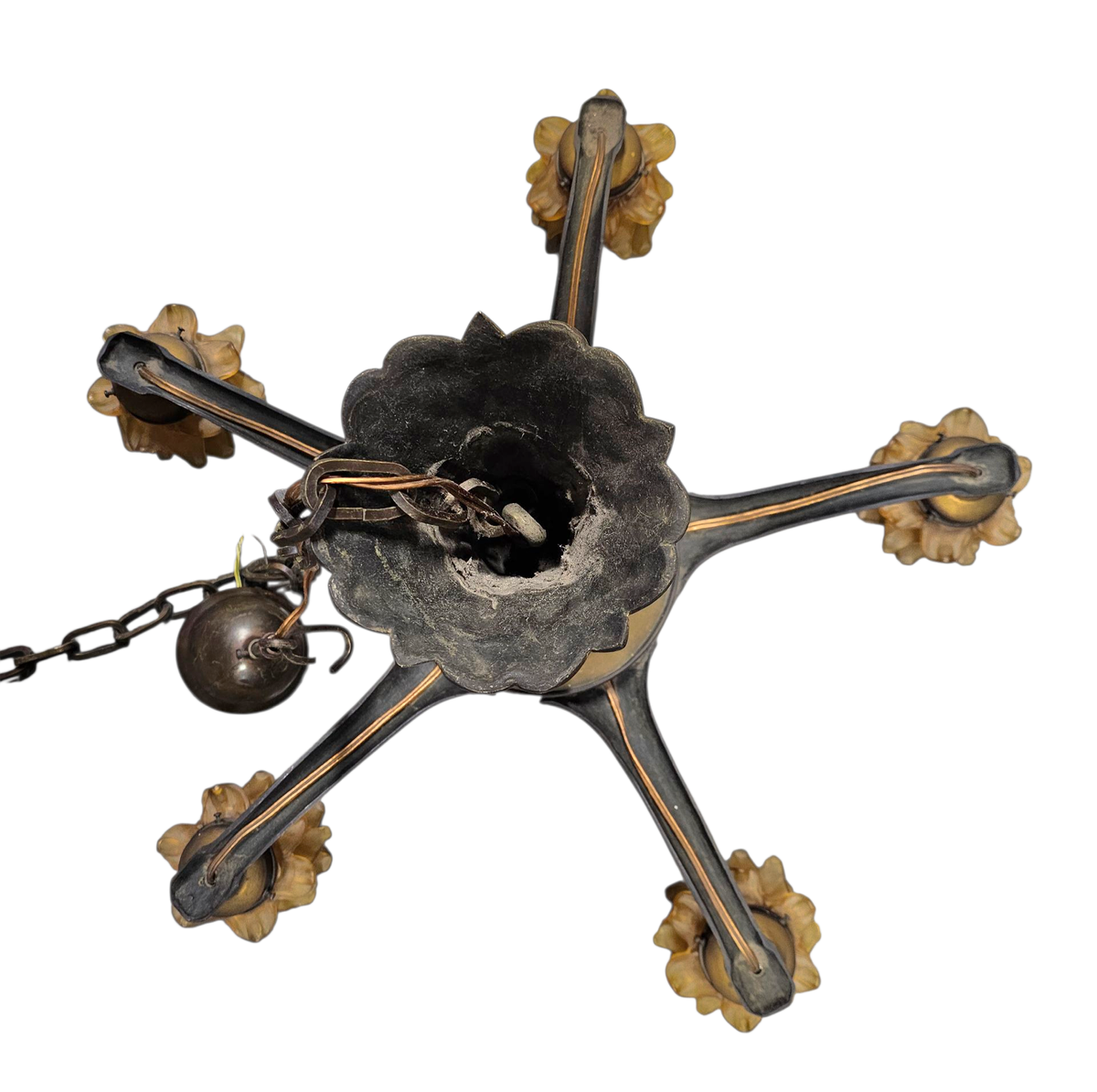 5 Arms Art Deco / Art Nouveau / Brass Hanging Lamp / Hand Blown Floral Shades image 14
