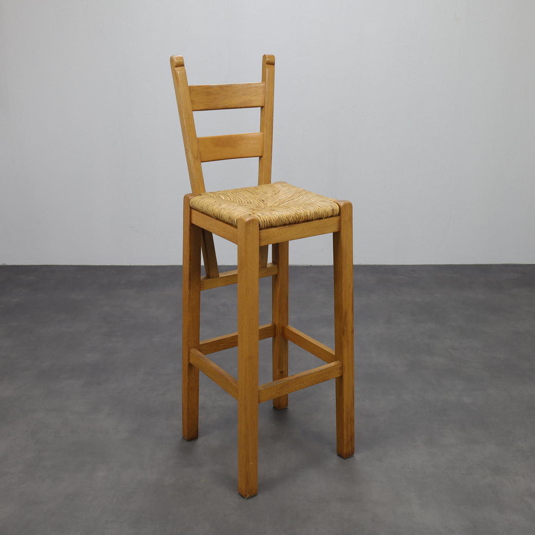 Set Of 4 Bar Stools In Solid Oak And Rattan, 1970s image 3