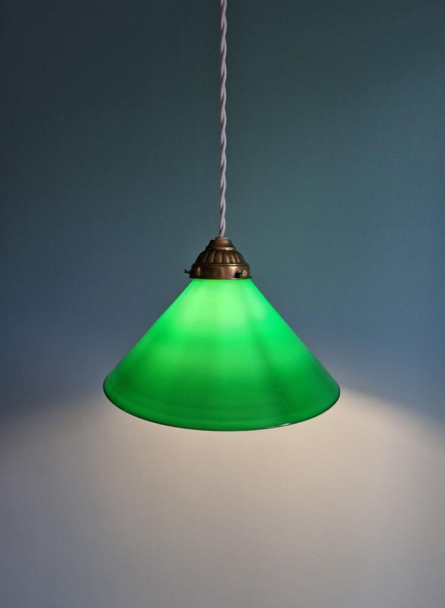 Art Deco Hanglamp In Kegelgroen Opaline, 1920-30 image 1