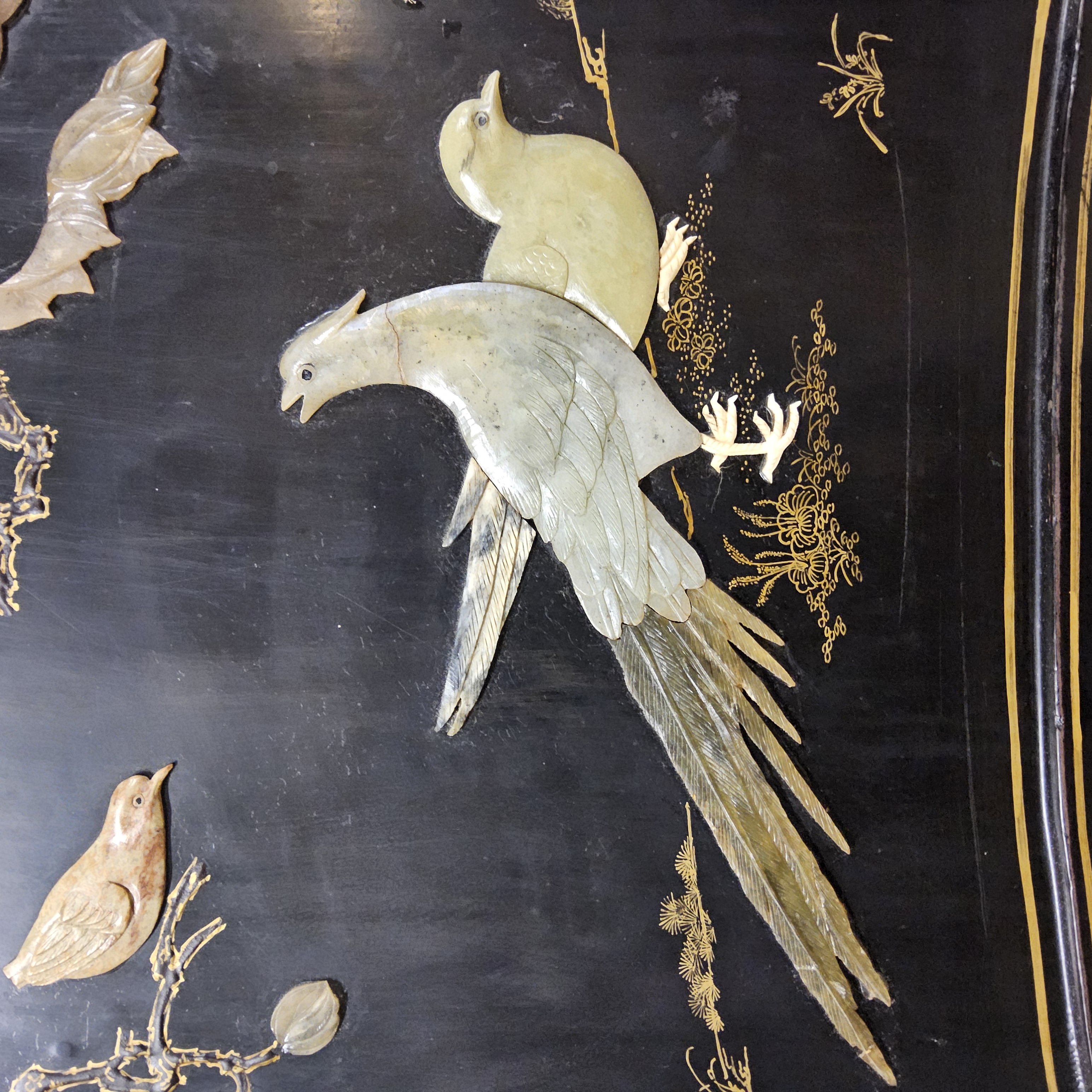 Vintage Chinese Lakkast Vogels Bloemen (speksteen) Bohemian Kast / Oosterse Kast / Aziatische Kast image 10