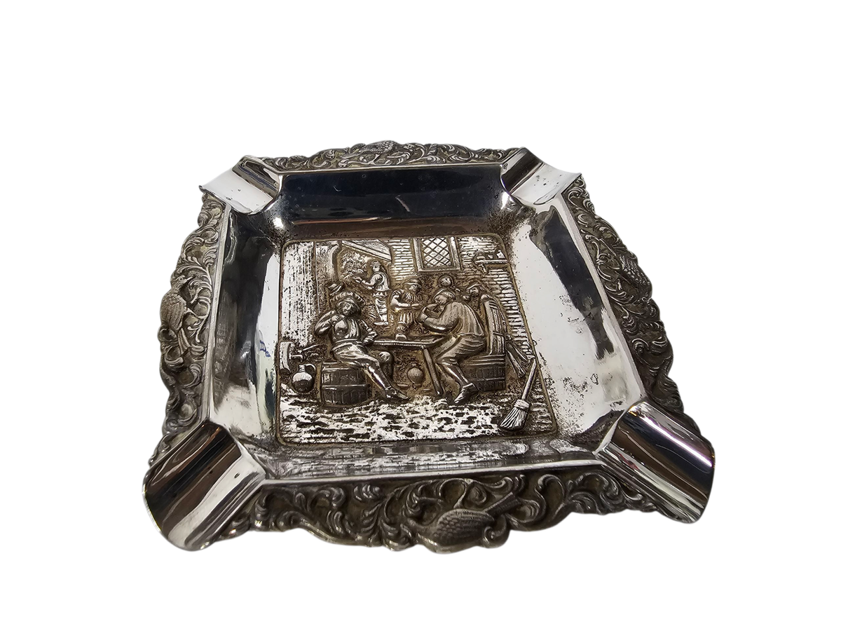 Zilveren Vierkante Asbak - Oud Hollands Herberg Tafereel - Zilver - 3e Kwart 20e Eeuw image 5