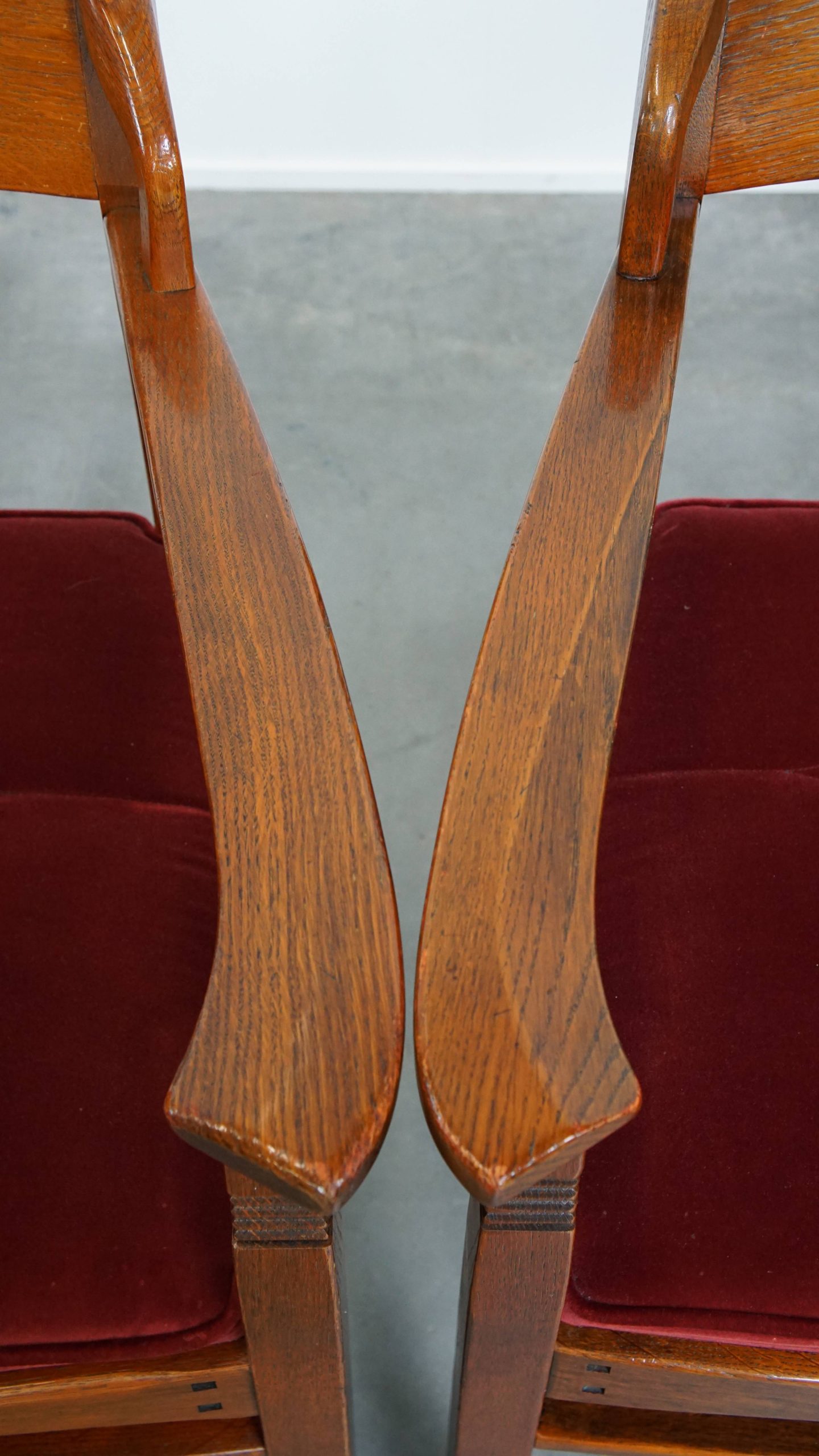 Set Van 4 Art Nouveau/ Jugendstil Design Schuitema Eetkamerstoelen Met Rode Stoffen Bekleding image 13