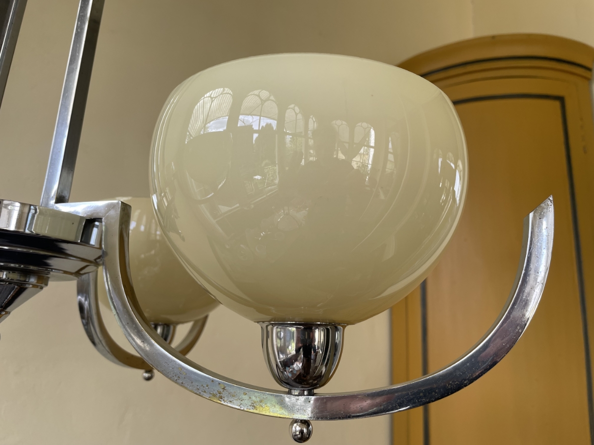 Lamp Hanglamp Art Deco 1930 4 Arms Met Gele Schalen Verchroomd image 8