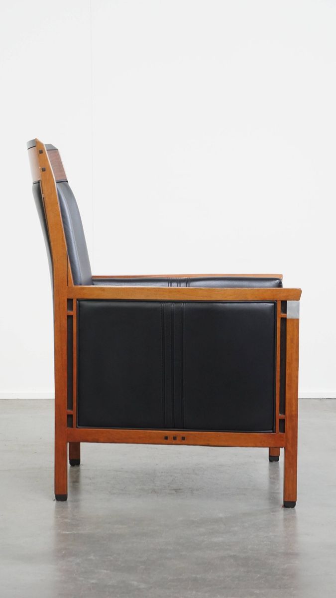Mooie Zwarte Rundleren En Houten Art Deco Design Fauteuil Van Schuitema Uit De Decoforma Serie image 3