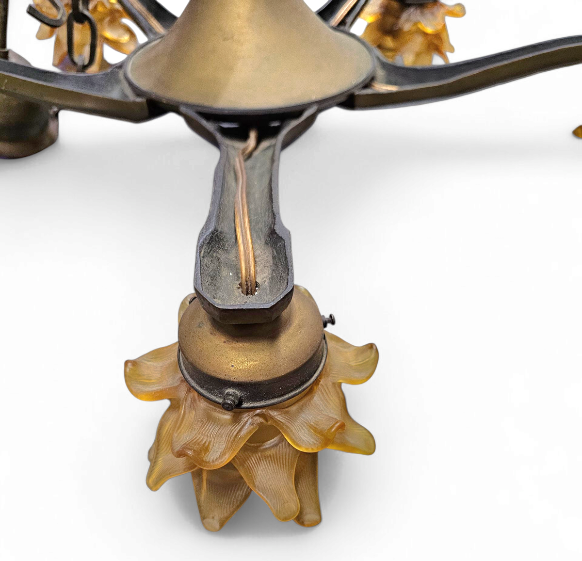 5 Arms Art Deco / Art Nouveau / Brass Hanging Lamp / Hand Blown Floral Shades image 19