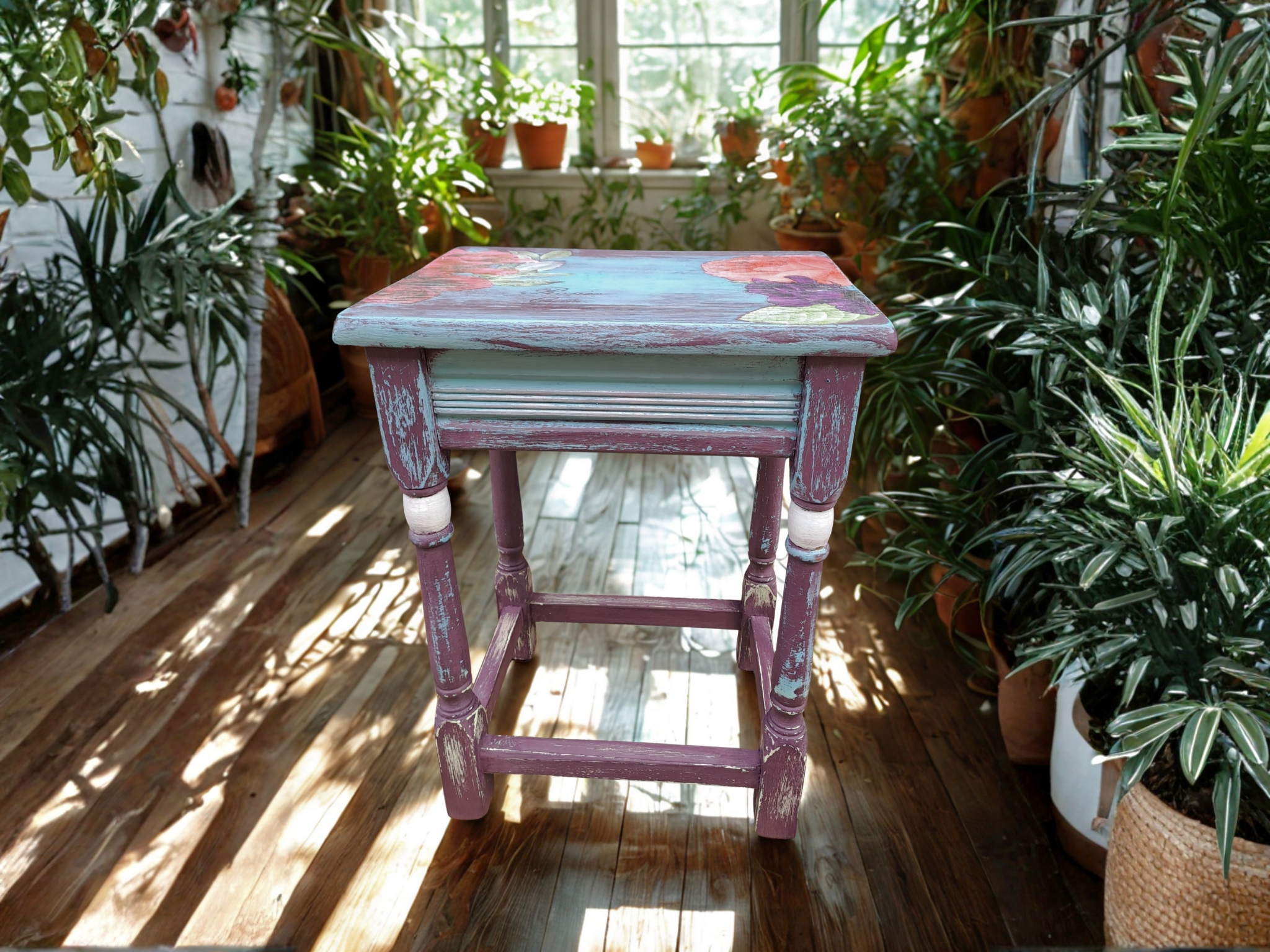 Bijzettafeltje - Krukje - Paars-blauw-bloemen - Boho Chic image 11