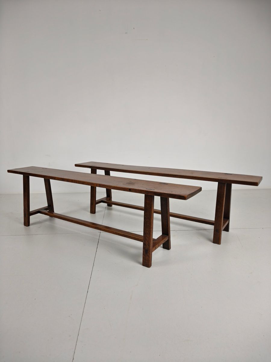 Paar Franse Rustieke Banken Uit De 19e Eeuw - Massief Eiken image 11